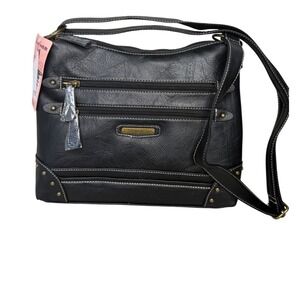 Stone & Co Black Bonded Leather Crossbody Bag Multi Pocket Adjustable Strap NEW